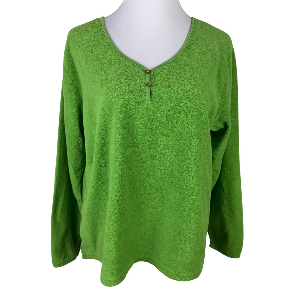 Simple Pleasures Women's 1X Lime Green Fleece Henley V-Neck‎ Pullover Top
